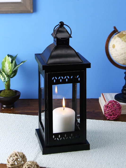 Classic Style Glass Iron Lantern with One Pillar Candle|Black Iron Hanging Lantern Perfect for Home Decor, Wedding, Parties, Gifting|Candle Holder|5.5 Inch Diameter(Pack of 1, 14 Inch Long)