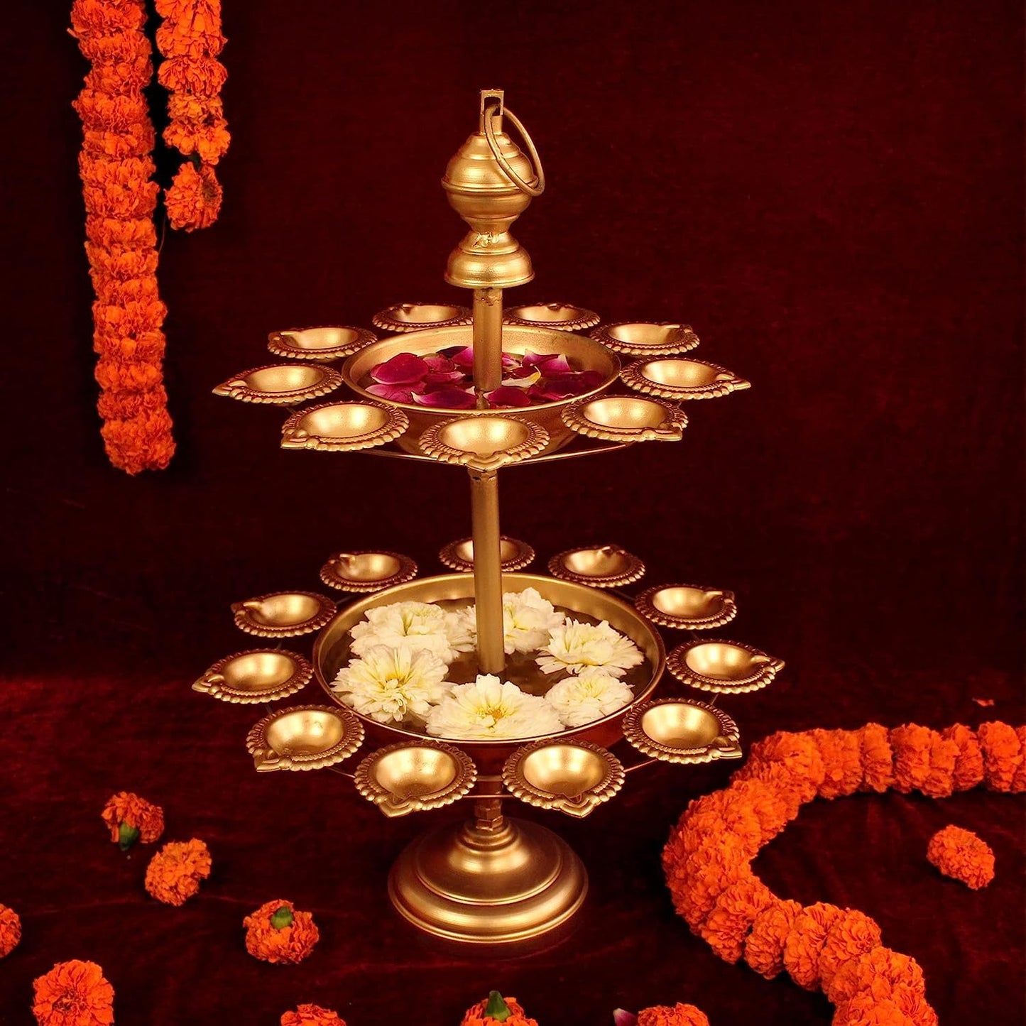 Decorative Urli Bowl with Stand | Diya Stand with Urli Bowl for Candles | Urli Bowl for Pooja Room- 52 cm x 35.5 cm- Golden