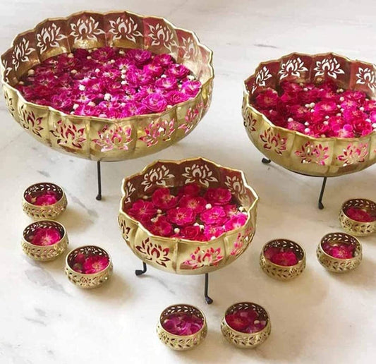 Lotus Urli with Stand Pot for Floating Flower/Candle Festive Decor Set of 13 Piece 14/12/10 Size with Stand and 7 Votives Small Bowl 3.5 inch Each | Golden