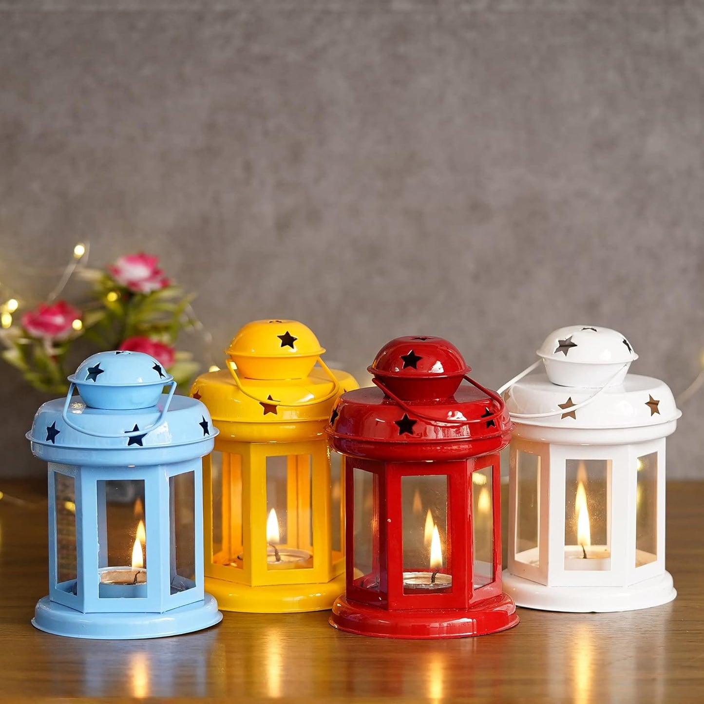 Set of 4 Iron Wall Hanging Lantern Tea Light Candle Holders - Home Decor and Gift for Diwali, Festival, Indoor/Outdoor Use (Blue, Yellow, Red, and White)