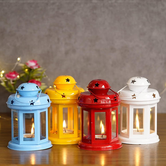 Set of 4 Iron Wall Hanging Lantern Tea Light Candle Holders - Home Decor and Gift for Diwali, Festival, Indoor/Outdoor Use (Blue, Yellow, Red, and White)