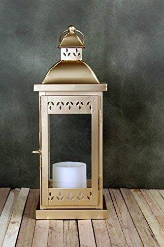 Classic Style Glass Iron Lantern with One Pillar Candle|Gold Iron Hanging Lantern Perfect for Home Decor, Wedding, Parties, Gifting|Tealight Holder|5.5 Inch Diameter(Pack of 1, 14 Inch Long)