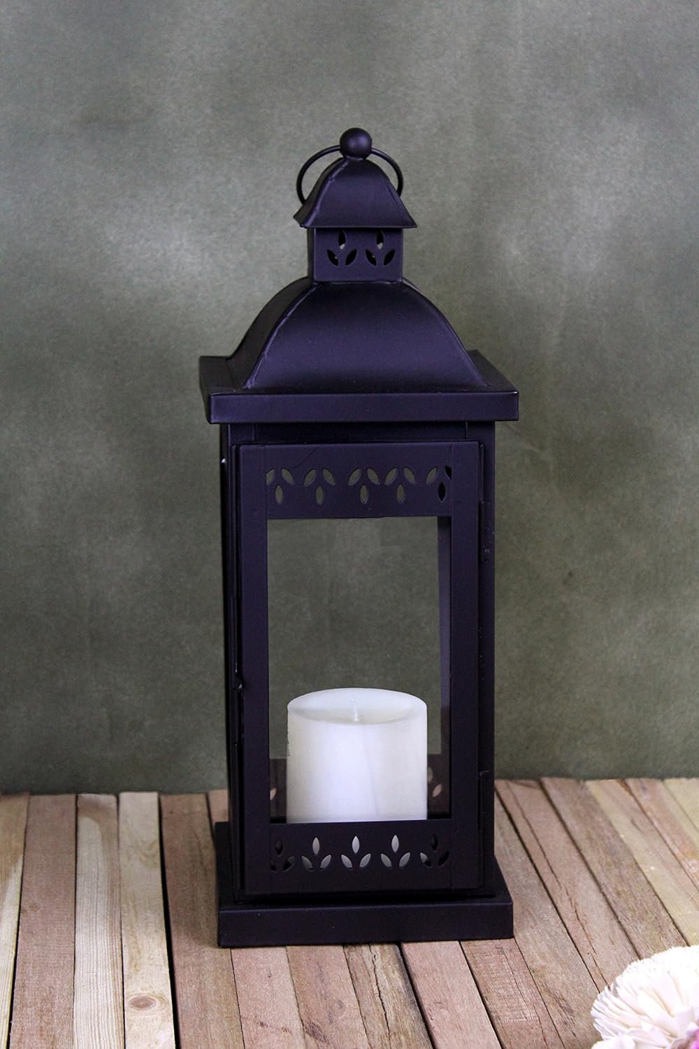 Classic Style Glass Iron Lantern with One Pillar Candle|Black Iron Hanging Lantern Perfect for Home Decor, Wedding, Parties, Gifting|Candle Holder|5.5 Inch Diameter(Pack of 1, 14 Inch Long)