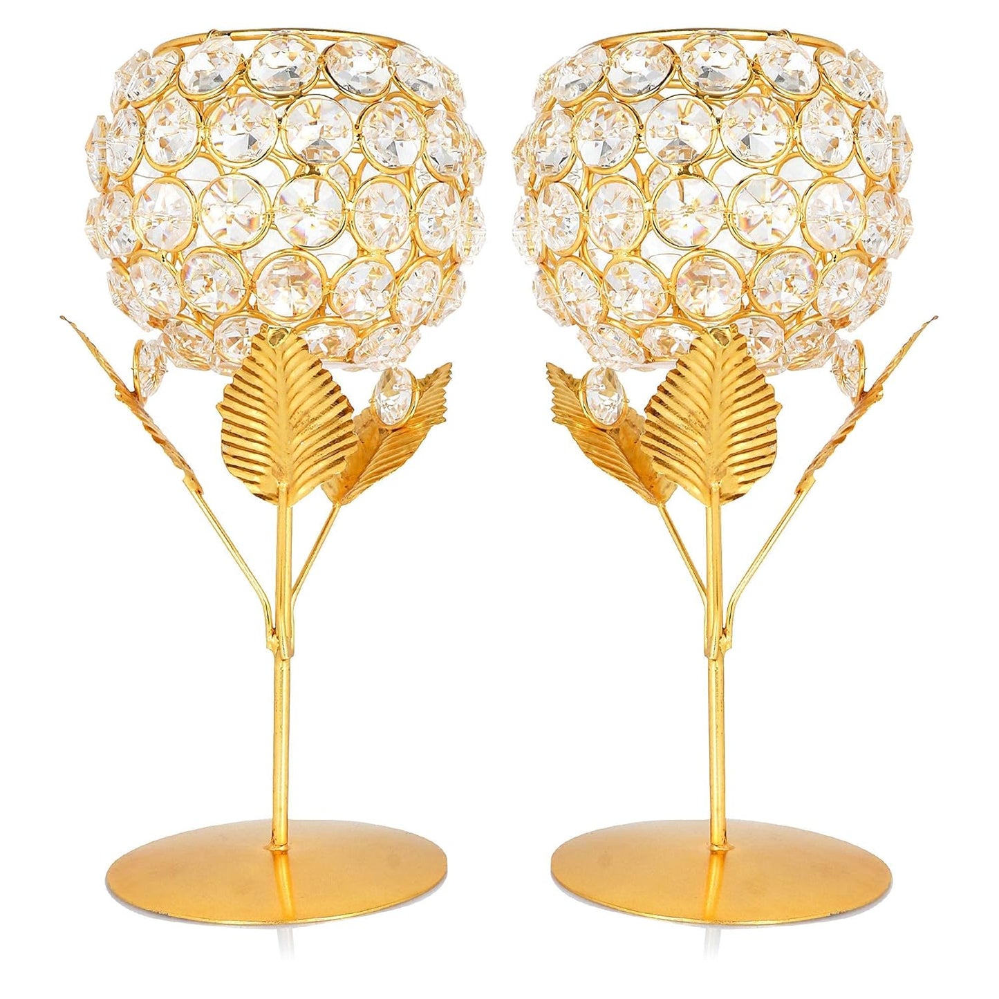 Metal Crystal TeaLight/T-Light Holder/Candle Holder/Stand for Home Decoration Gold Plated (Size: 10 CM) (Pack of 2)