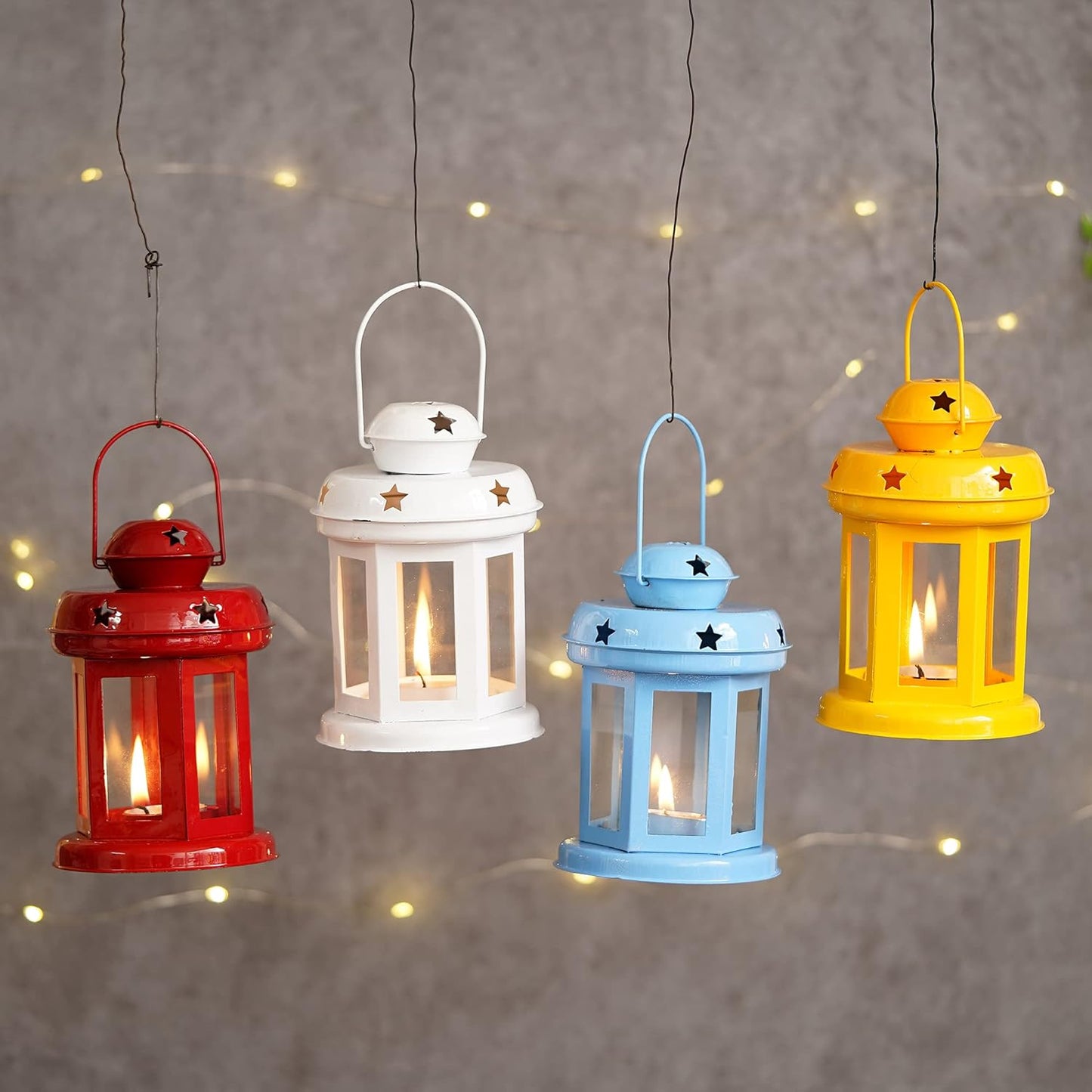 Set of 4 Iron Wall Hanging Lantern Tea Light Candle Holders - Home Decor and Gift for Diwali, Festival, Indoor/Outdoor Use (Blue, Yellow, Red, and White)