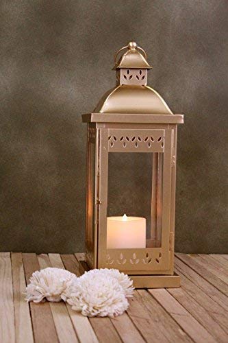 Classic Style Glass Iron Lantern with One Pillar Candle|Gold Iron Hanging Lantern Perfect for Home Decor, Wedding, Parties, Gifting|Tealight Holder|5.5 Inch Diameter(Pack of 1, 14 Inch Long)