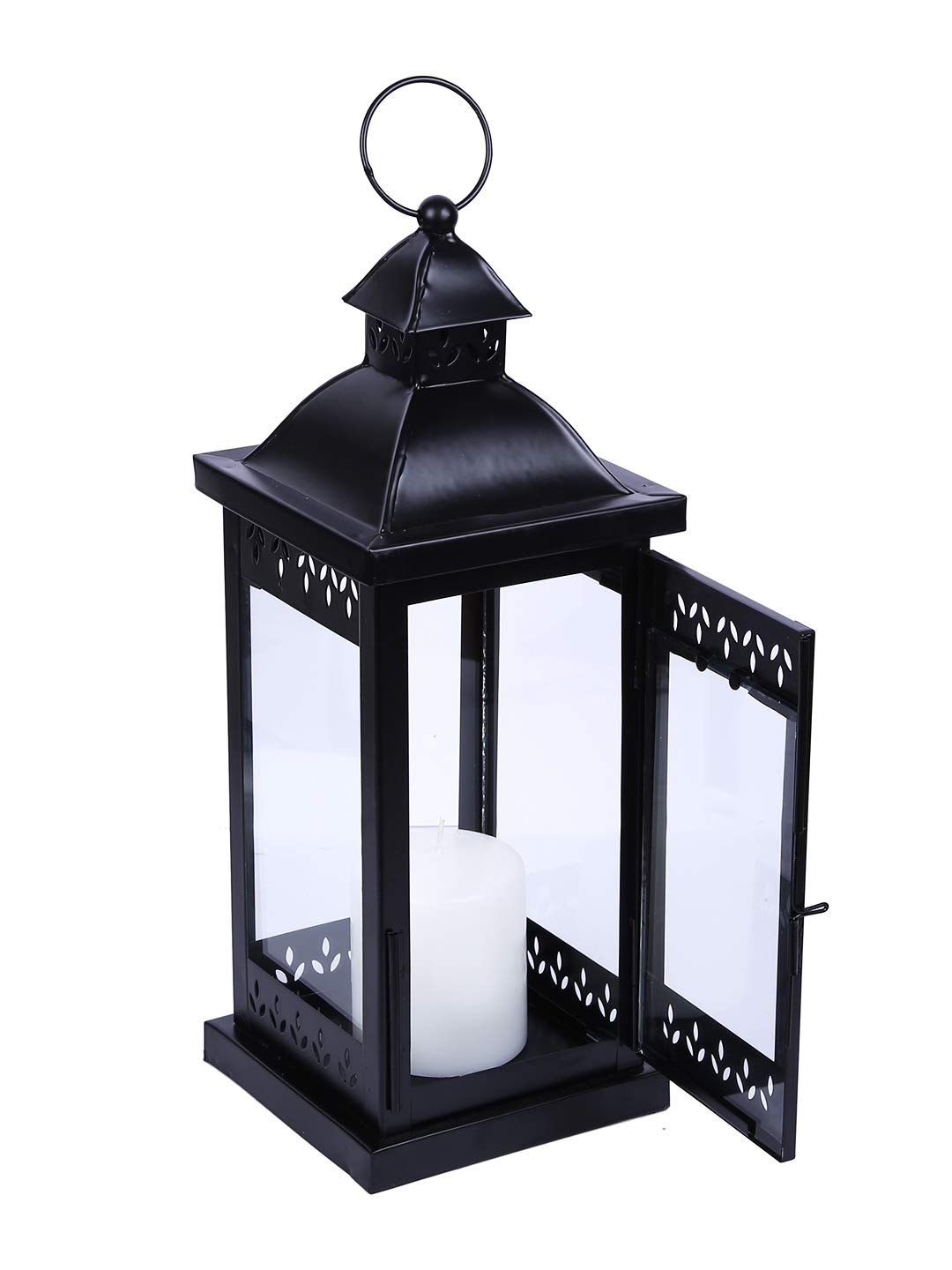 Classic Style Glass Iron Lantern with One Pillar Candle|Black Iron Hanging Lantern Perfect for Home Decor, Wedding, Parties, Gifting|Candle Holder|5.5 Inch Diameter(Pack of 1, 14 Inch Long)