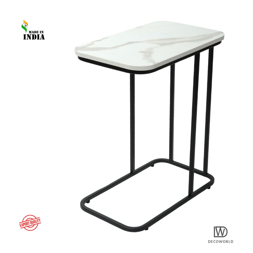 || Premium Side Table || Metal Side Table with Wooden Top || Side Table for Living Room, Sofa Side Table or Bed Side Stand (White Marble Top Finish on Engineered Wood with Black Stand)