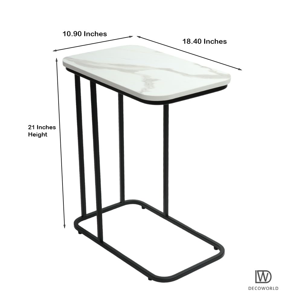 || Premium Side Table || Metal Side Table with Wooden Top || Side Table for Living Room, Sofa Side Table or Bed Side Stand (White Marble Top Finish on Engineered Wood with Black Stand)