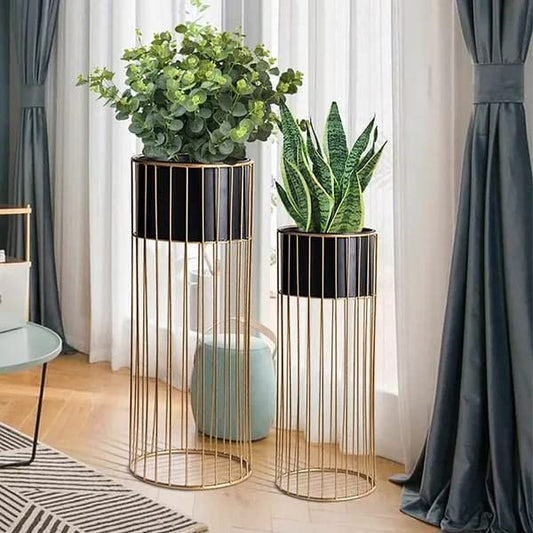 Decor Metal Planter Stand Set of 2 for Indoor and Outdoor Decoration for Living Room,Bedroom,Halls (Colour-Black/Gold) (Size-25 Inches).