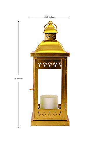 Classic Style Glass Iron Lantern with One Pillar Candle|Gold Iron Hanging Lantern Perfect for Home Decor, Wedding, Parties, Gifting|Tealight Holder|5.5 Inch Diameter(Pack of 1, 14 Inch Long)