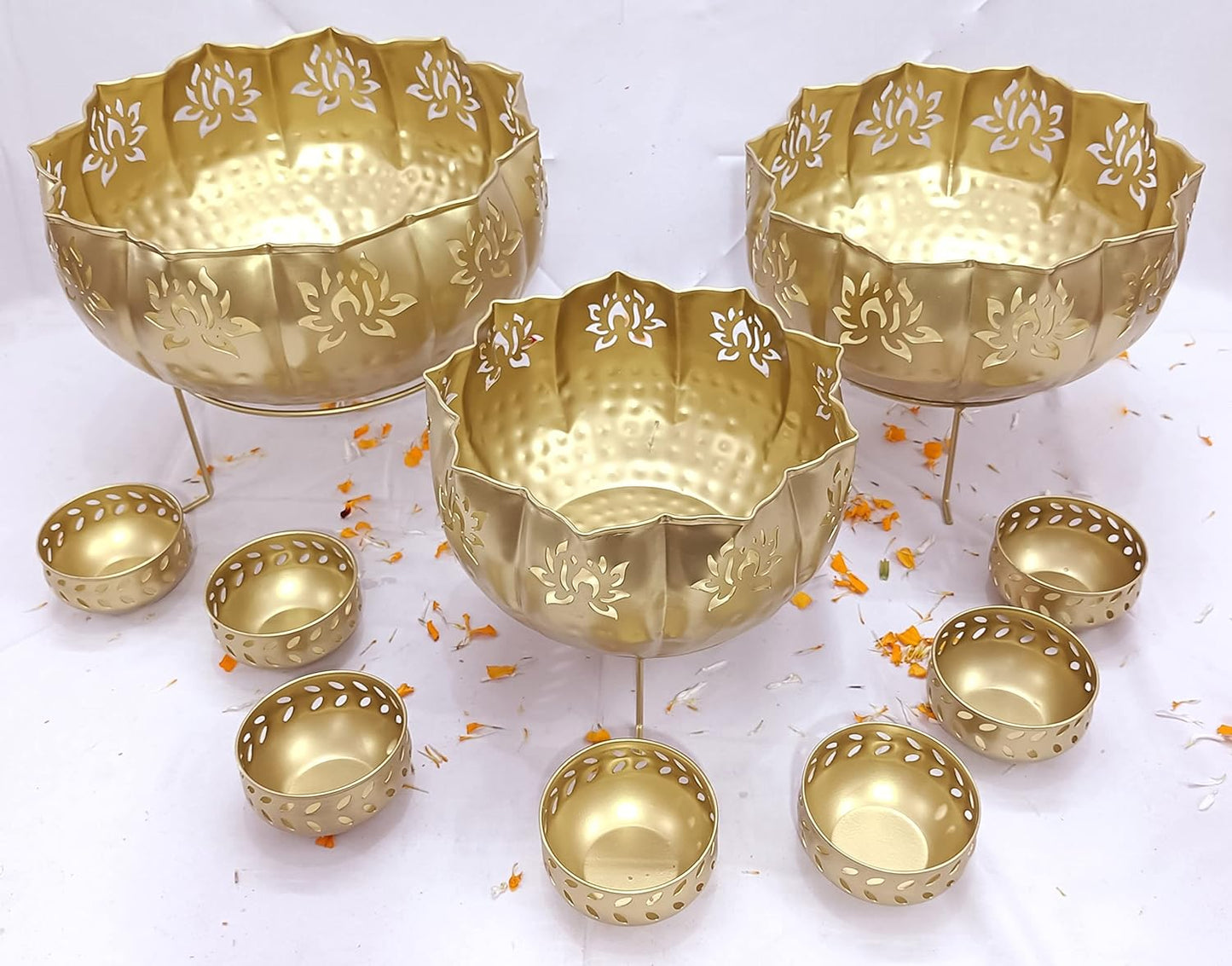 Lotus Urli with Stand Pot for Floating Flower/Candle Festive Decor Set of 13 Piece 14/12/10 Size with Stand and 7 Votives Small Bowl 3.5 inch Each | Golden