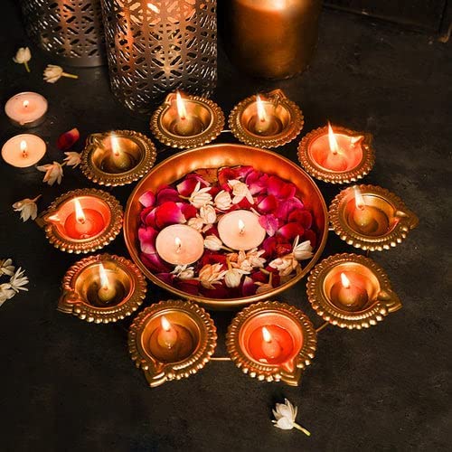 Diya Shape Flower Decorative Urli Handcrafted Bowl for Floating Flowers and Tea Light Candles Home,Office and Table Decor| Diwali Decoration Items for Home (10 Inches)