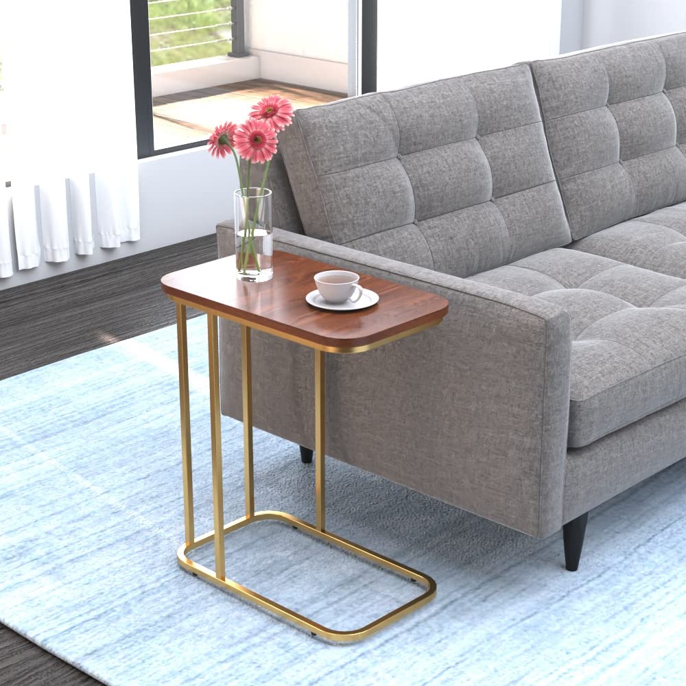 Premium Side Table || Metal Side Table with Wooden Top || Side Table for Living Room, Sofa Side Table or Bed Side Stand (Golden)