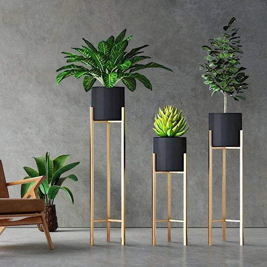 Metal Floor Flower Stands BLACK | Display Plant Stand | Tall Indoor Plant Stand with Planter Pot (BLACK) -Set of 3 (Copy)