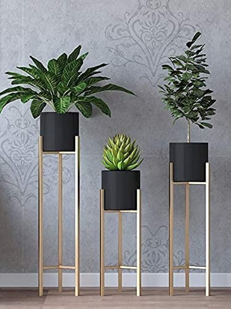 Metal Floor Flower Stands BLACK | Display Plant Stand | Tall Indoor Plant Stand with Planter Pot (BLACK) -Set of 3 (Copy)