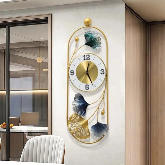 Decorative Wall Clock Metal Wall Clock, Gingko Leaf Wall Clock Big Size, Big Wall Clock for Living Room Watch Wall Clock, Wall Decoration Items for Living Room/Bedroom/Office/Hall