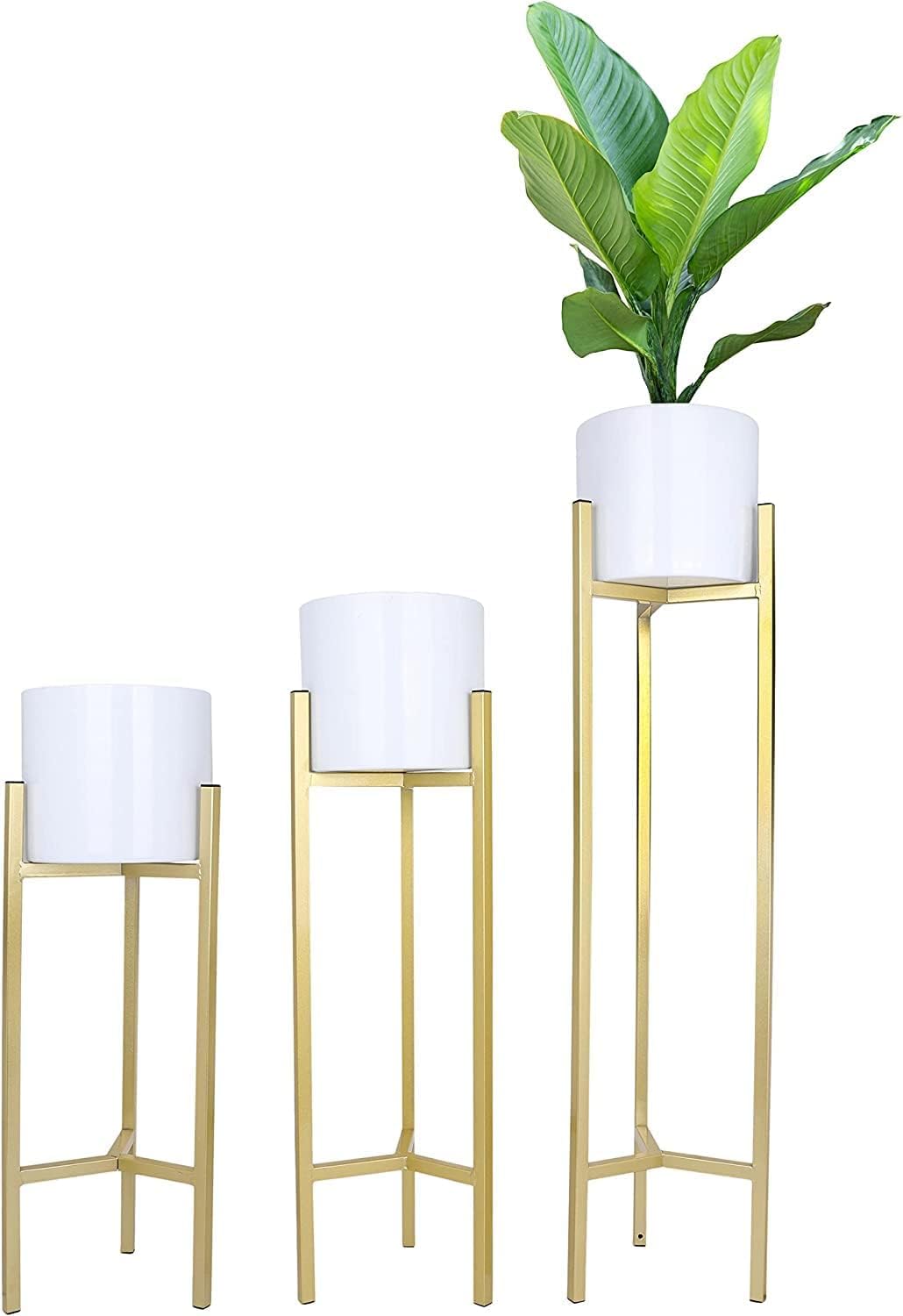 Handicrafts Metal Floor Flower Stands | Display Plant Stand | Tall Indoor Plant Stand with Planter Pot (White) -Set of 3