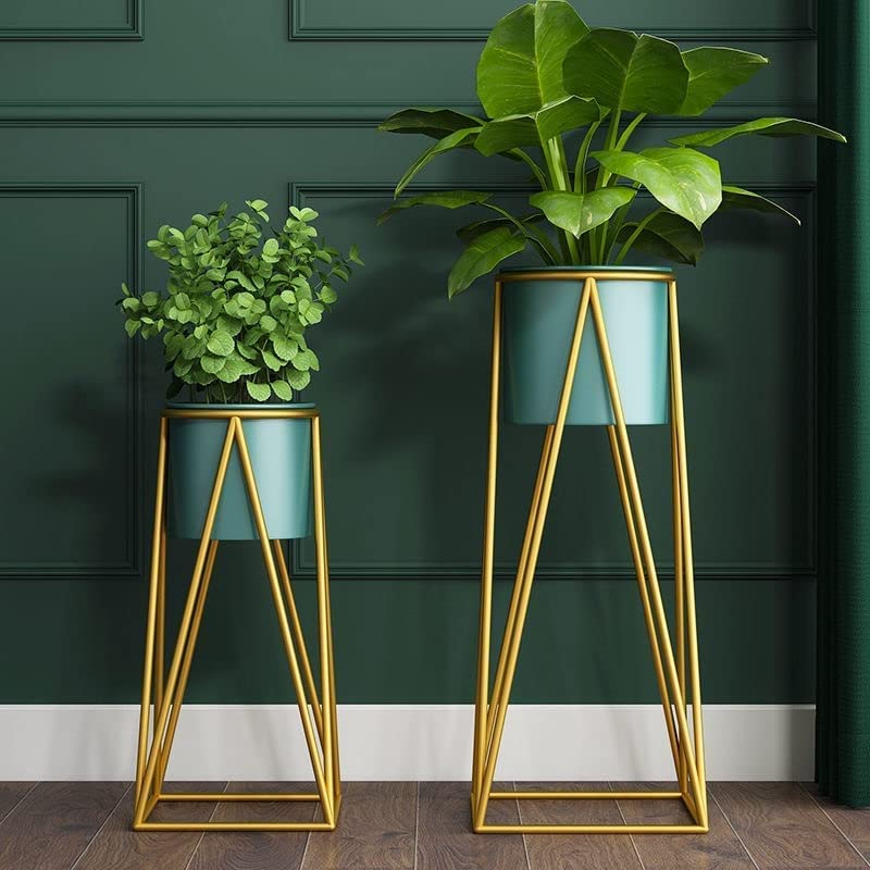 Planters for Indoor - Outdoor Plants & Modern Metal Floor Tall Plant Stand for Garden, Balcony & Living Room & Mid Century Plant Stands with Pots Set of 2 Flower Pots (Green)