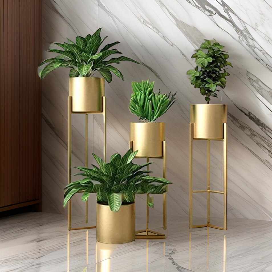 Gold Metal Floor Flower Stand for Indoor Living Room Pot Stand For Outdoor Plants, Metal planter set of 3 ( Gold )