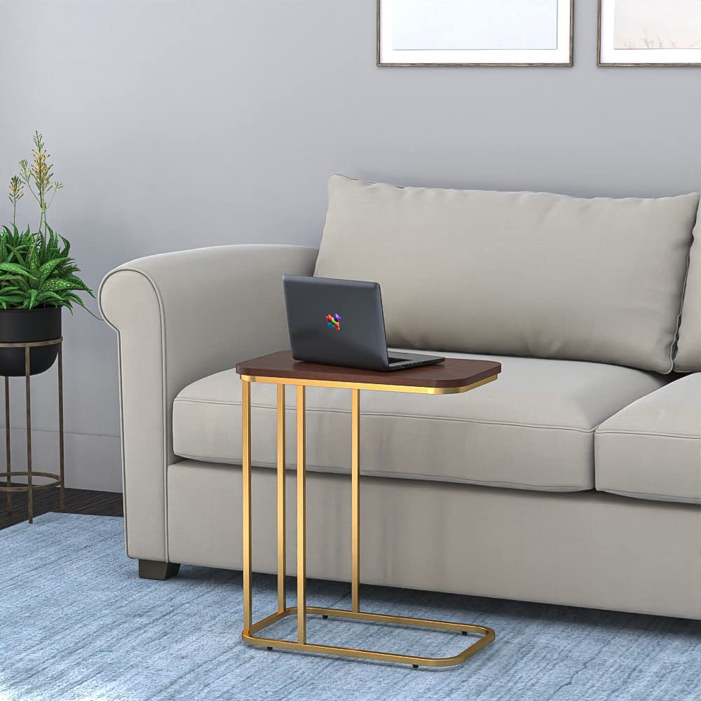 Premium Side Table || Metal Side Table with Wooden Top || Side Table for Living Room, Sofa Side Table or Bed Side Stand (Golden)