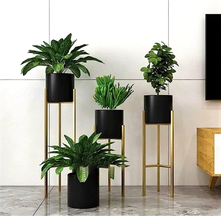 Metal Floor Flower Stands BLACK | Display Plant Stand | Tall Indoor Plant Stand with Planter Pot (BLACK) -Set of 3 (Copy)