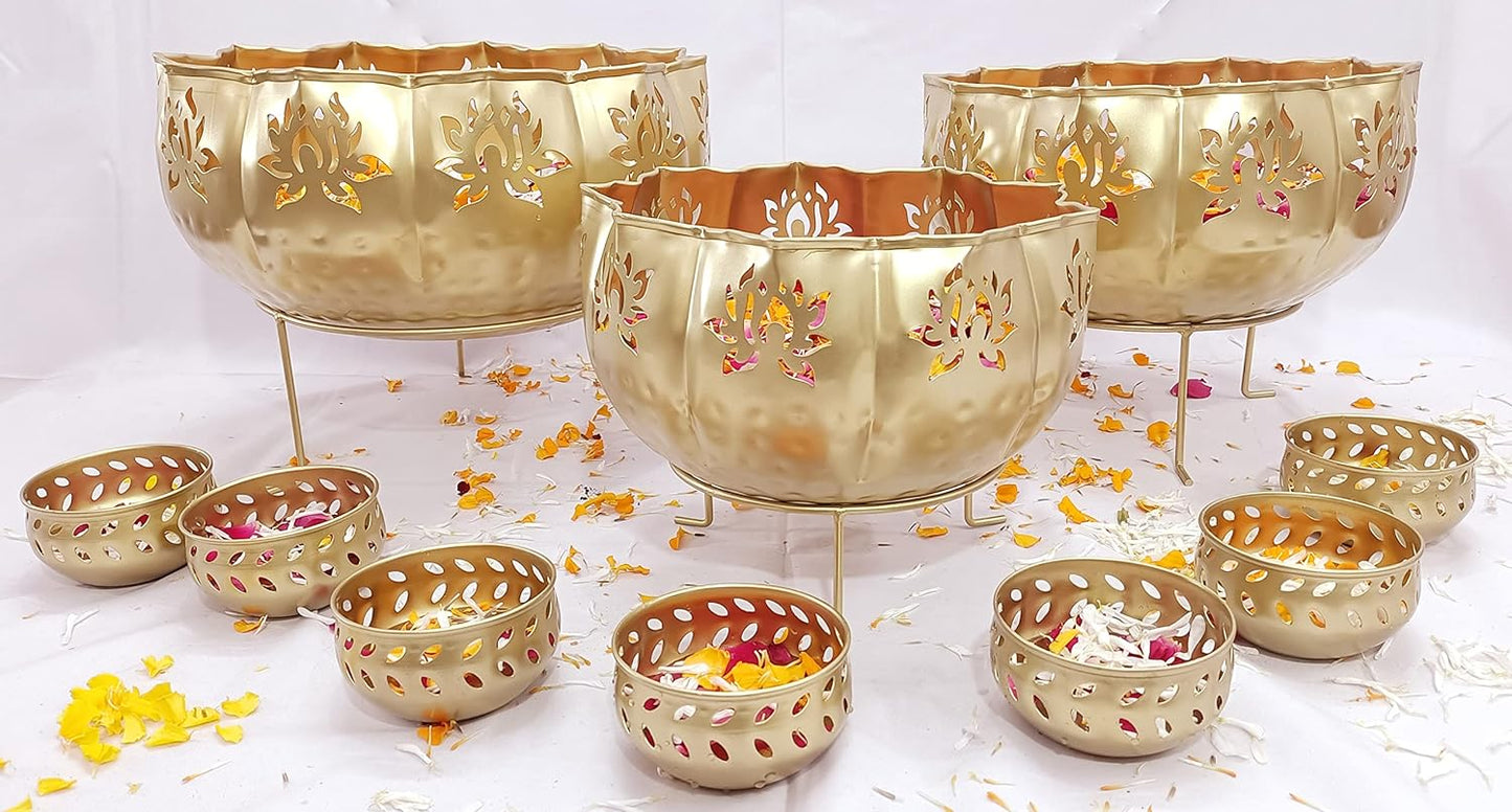 Lotus Urli with Stand Pot for Floating Flower/Candle Festive Decor Set of 13 Piece 14/12/10 Size with Stand and 7 Votives Small Bowl 3.5 inch Each | Golden