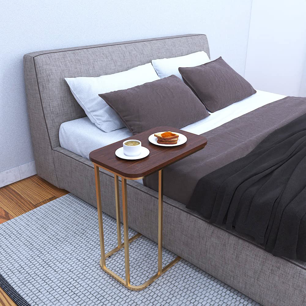 Premium Side Table || Metal Side Table with Wooden Top || Side Table for Living Room, Sofa Side Table or Bed Side Stand (Golden)