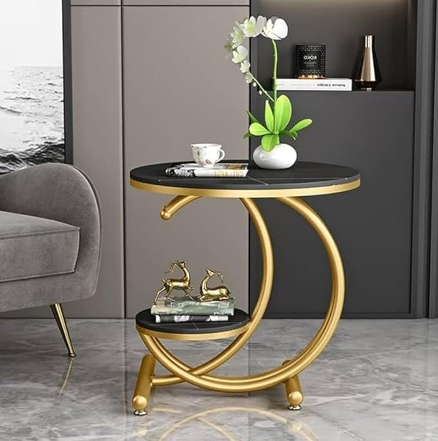 Coffee Table Double-Sided Storage Side Table Round Coffee Table in European Style from Metal and Wood (Black Gold)