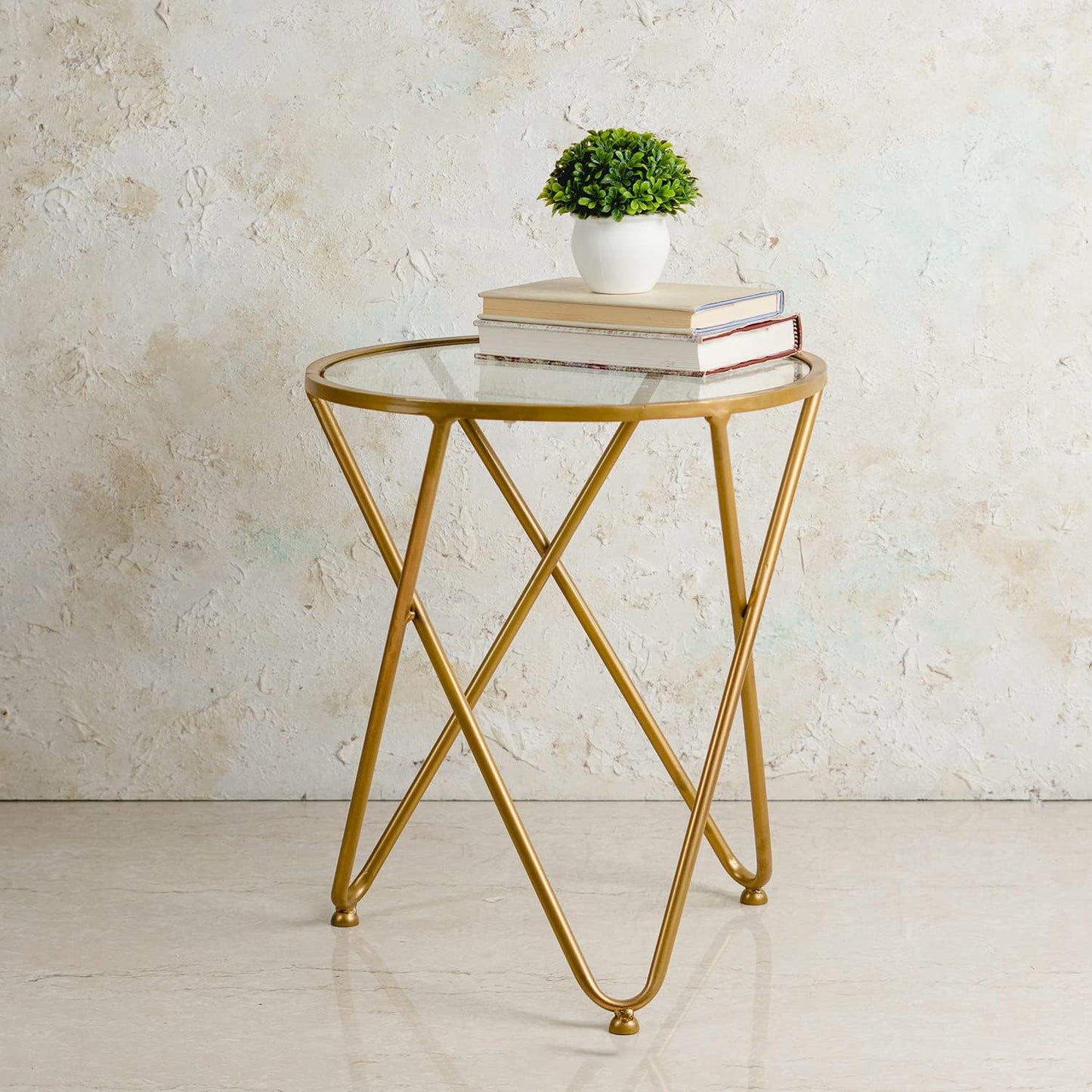 Side Table for Bedroom Glass Table| Bed Side Table for Bedroom |Side Table for Living Room (18 inch, Cross Gold)