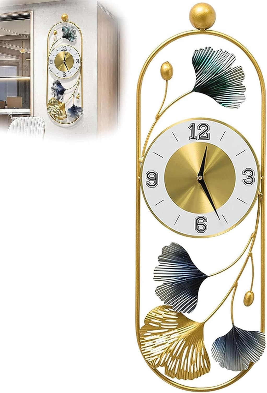 Decorative Wall Clock Metal Wall Clock, Gingko Leaf Wall Clock Big Size, Big Wall Clock for Living Room Watch Wall Clock, Wall Decoration Items for Living Room/Bedroom/Office/Hall