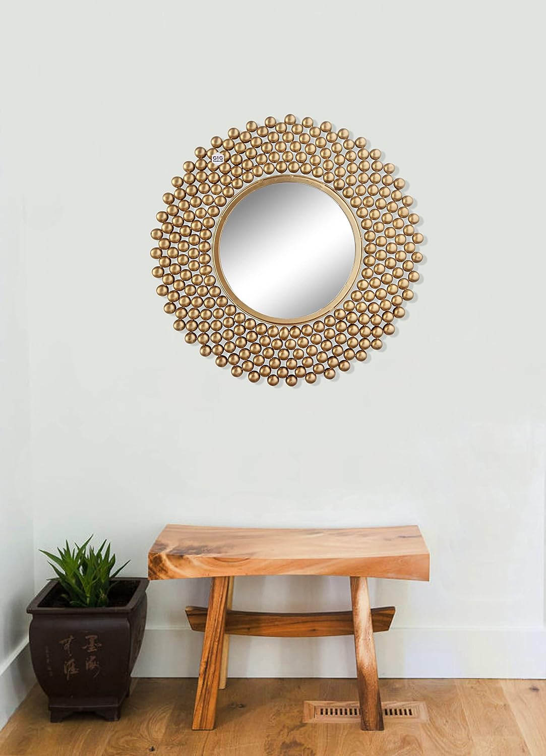 Modern style iron wall mirror hanging mirror decorate living room bedroom entrance office and gift (56 cm x 4 cm x 56 cm, ) (Gold)