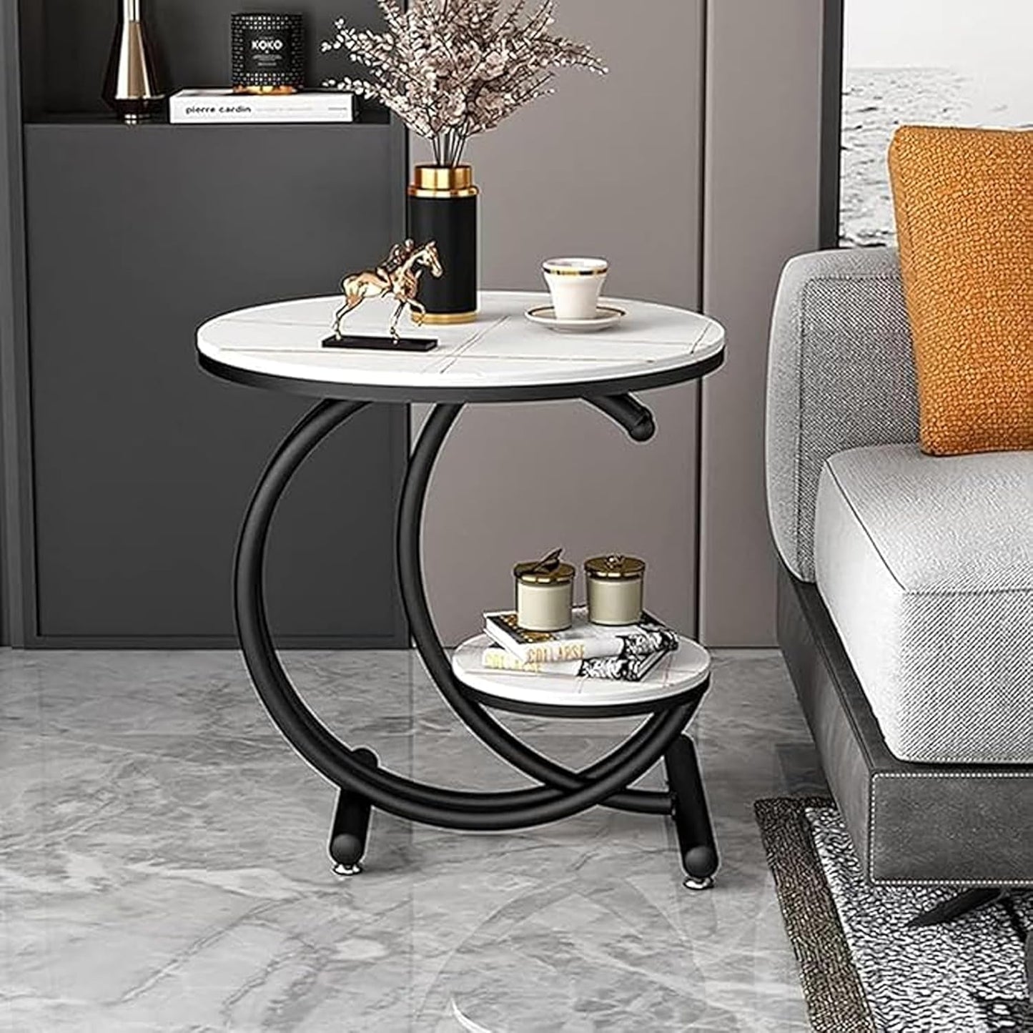 Coffee Table Double-Sided Storage Side Table Round Coffee Table in European Style from Metal and Wood (Black White)