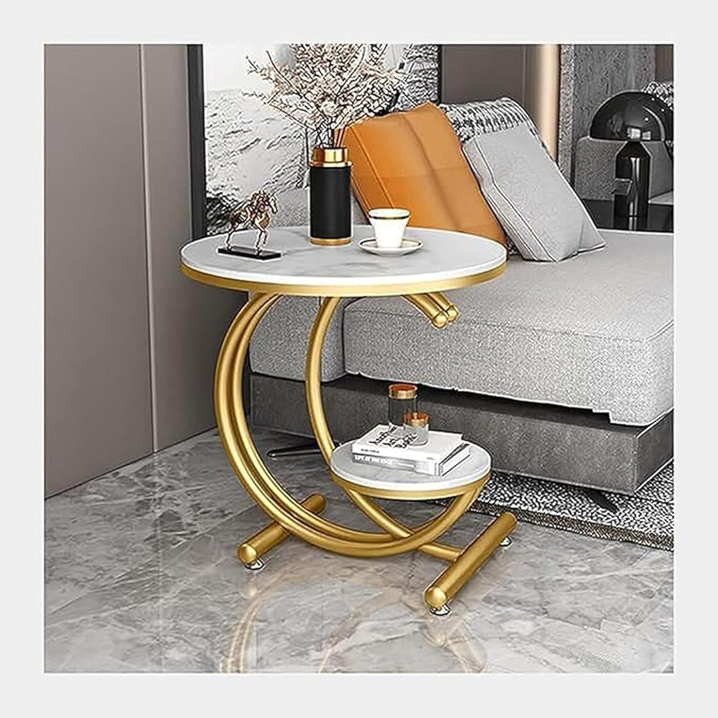 Coffee Table Double-Sided Storage Side Table Round Coffee Table in European Style from Metal and Wood (White Gold)