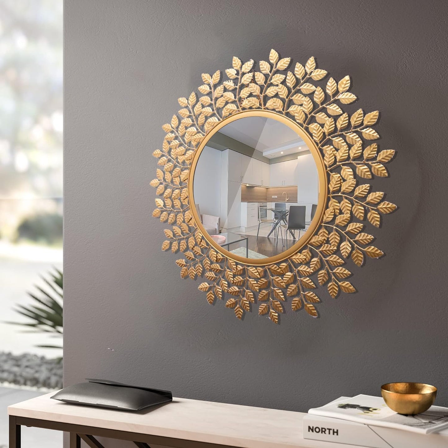 Iron Decorative Mirror Wall Mounted Hanging Mirror Sculpture Metal Golden Leaf Design Modern Art Mirror for Home Décor, Round, Framed