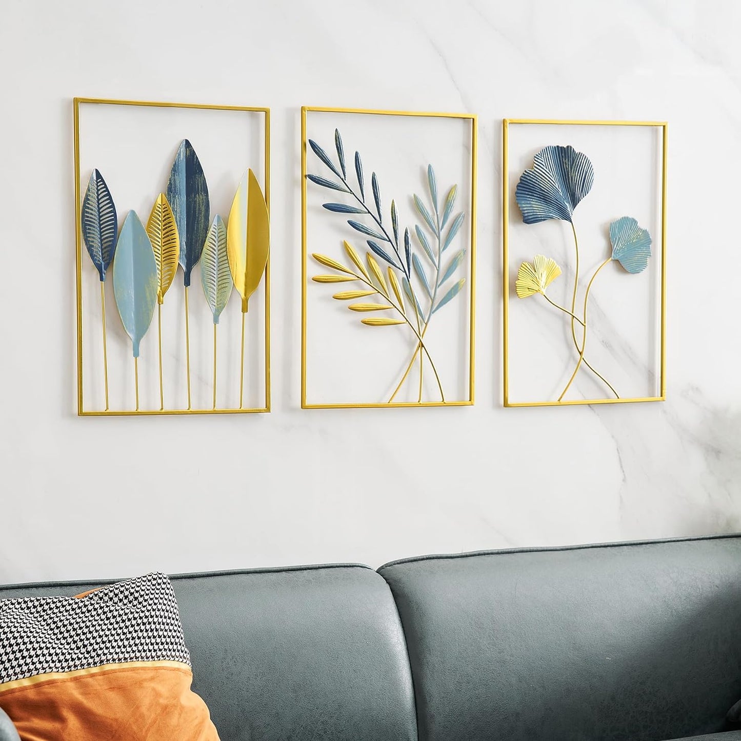 Gold Metal Wall Decor Leaf Wall Hanging Decoration, Set of 3 Metal Wall Art Home Decor for Living Room Office Bedroom Hotel