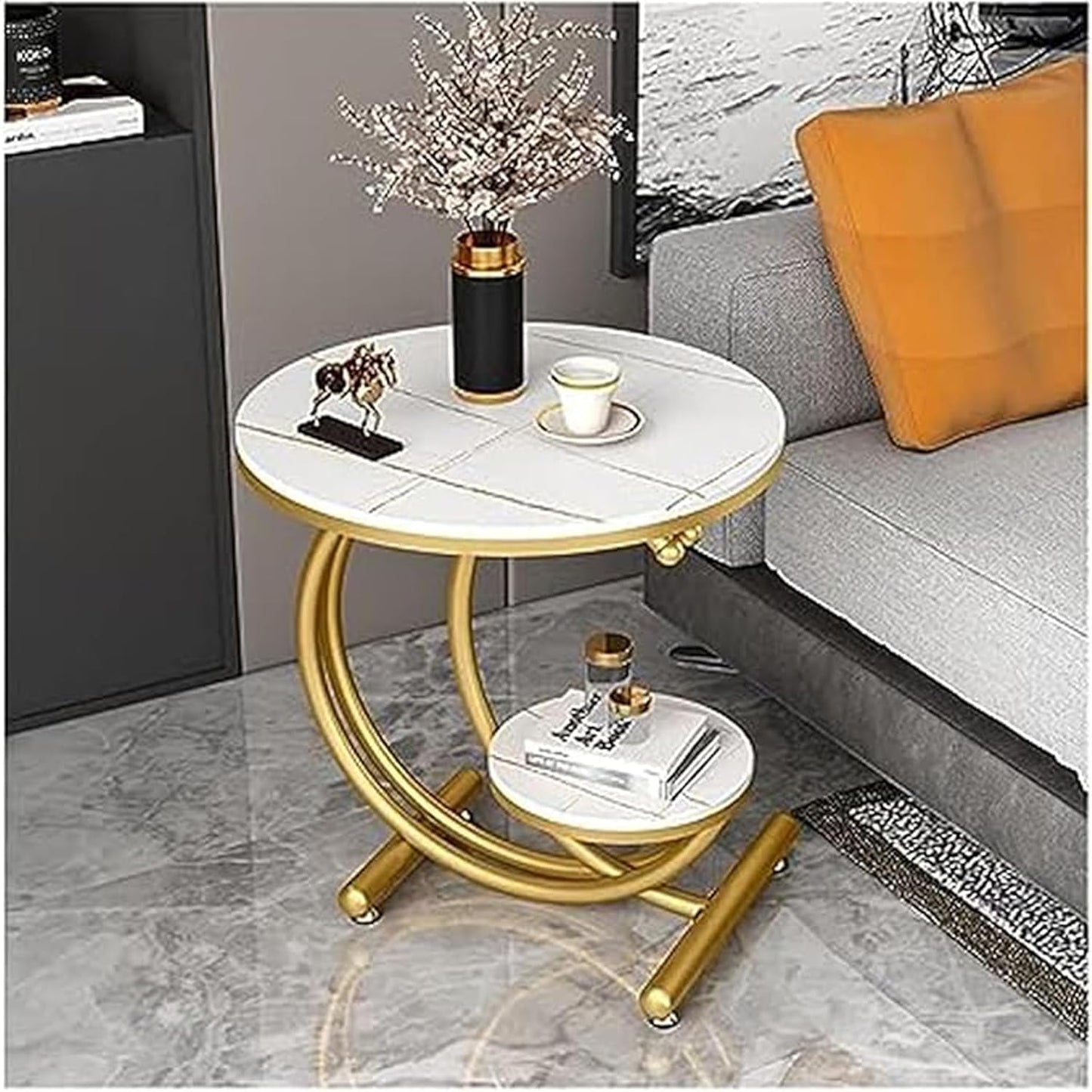 Coffee Table Double-Sided Storage Side Table Round Coffee Table in European Style from Metal and Wood (White Gold)