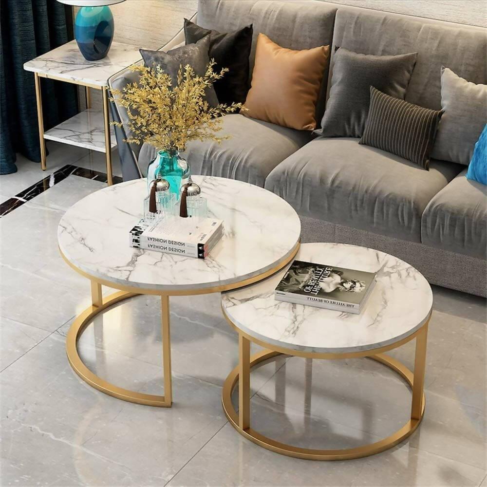 Coffee Table, Nesting Center Table, Movable Decorative Table, Round Leisure Table, Suitable For Bedside/Hallway/Living Room (Golden-White) SET OF 2