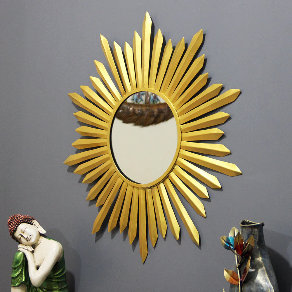 Edgy Golden Strands Round Mirror Wall Decor