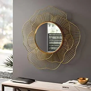 Iron Decorative Mirror Wall Mounted Hanging Mirror Sculpture Metal Golden Rose Design Modern Art Mirror for Home Decor (Artistic, Framed)